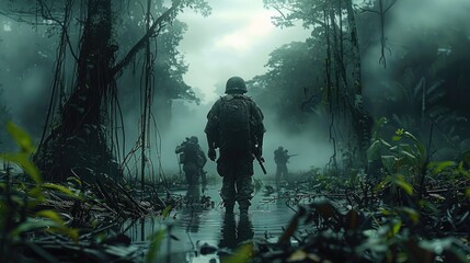 Wall Mural - A soldiers standing at the edge of a dark, foreboding swamp, overgrown jungle, murky water. Generative AI.