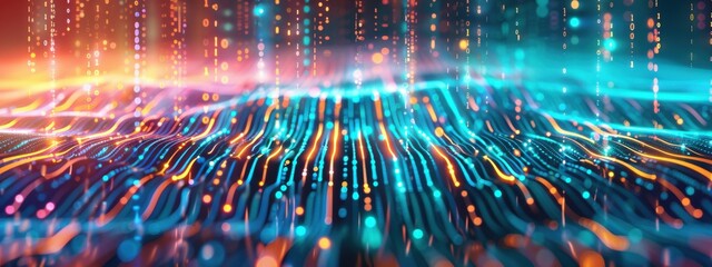 Wall Mural - dynamic animation of algorithms managing internet traffic, portrayed in a virtual cityscape with flo