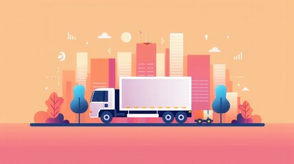 Wall Mural - E-commerce logistics, delivery trucks and shipping boxes, flat design illustration