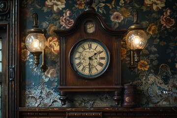 Antique Pendulum Clock Adorns Floral Wall in Vintage Interior