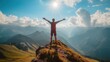 © Nick - Hiker hiking Man stands atop a mountain with arms raised in victory overlooking vast valley below blue sky sun shine overhead