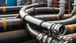 © Tark - High pressure hydraulic hose system connected to steel pipes, close-up. Marine hydraulics. Generative AI