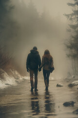 Wall Mural - A couple is walking in the rain, holding hands. Scene is romantic and intimate