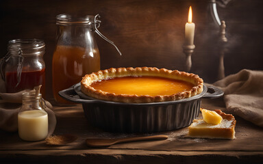 Flan Tart, creamy and caramelised, on a rustic board, cozy bakery, afternoon light