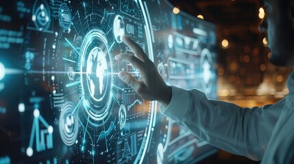 Poster - A business professional touching a screen with ISO standards and globe icons. Generative AI.