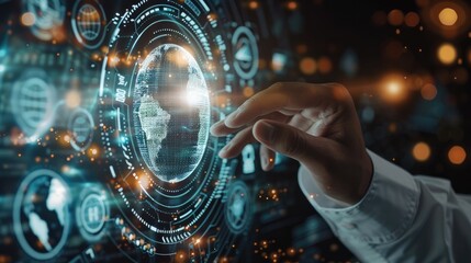 Poster - A business professional touching a screen with ISO standards and globe icons. Generative AI.
