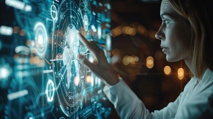 Poster - A business professional touching a screen with ISO standards and globe icons. Generative AI.