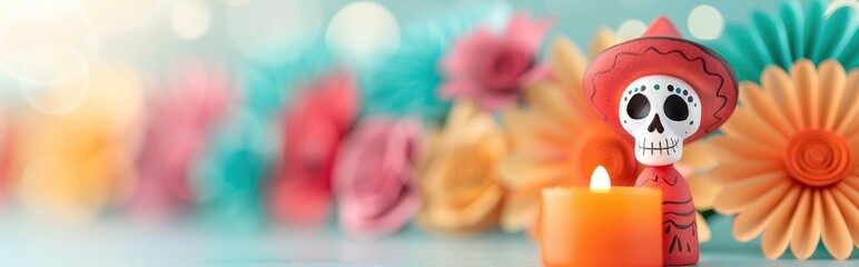 A red catrina figure stands beside orange candle with colorful paper flower on blur background, Day of the Dead celebration, 2 november, 2024