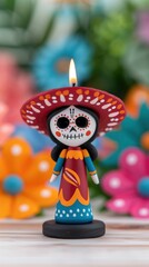 A red catrina figure stands beside orange candle with colorful paper flower on blur background, Day of the Dead celebration, 2 november, 2024