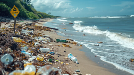 A beach with plastic pollution and a sign warning of water contamination. Generative AI.