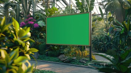 Tranquil Botanical Garden Green Screen Billboard Mock-Up | Vibrant Exotic Plants & Flowers