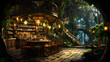 © Aditya - A cozy tavern nestled in the roots of a giant tree, glowing with warm light, filled with bottles of exotic drinks. A magical and welcoming atmosphere.