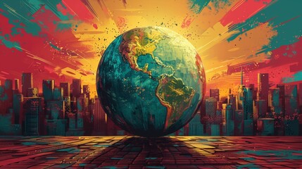 Wall Mural - A globe illustrated in a comic book style, with bold lines and vibrant colors.