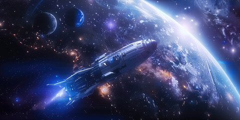 beautiful space scenery, small white spaceship shuttle in the space and small blue and purple planet