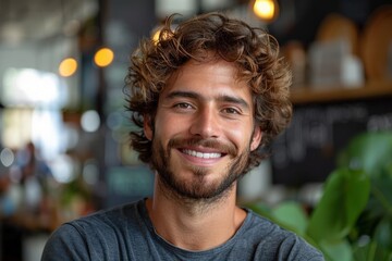 A happy man wearing casual attire smiles warmly at the camera inside a cozy cafe, surrounded by modern decor and a relaxed ambiance, showcasing contentment and friendliness.