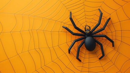 A black spider is on a web of orange