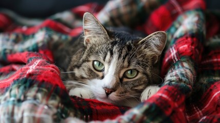 Wall Mural - Mixed breed cat with green eyes cuddles on tartan plaid in cold weather Home or hotel setting