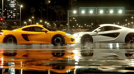 Nighttime Street Race with Two Sports Cars