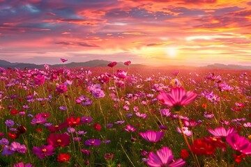 Wall Mural - Beautiful and amazing of cosmos flower field landscape in sunset. nature wallpaper background.Beautiful and amazing of cosmos flower field landscape in sunset. nature wallpaper background.