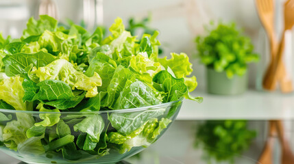 Wall Mural - Fresh green lettuce leaves in a glass bowl on a kitchen counter, ideal for healthy eating and vegetarian lifestyle concepts.