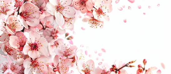 Aufkleber - Pink cherry blossom flowers on plain white backdrop where a space for text or graphics can be inserted copy space image