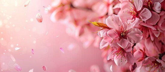 Poster - Close up of lovely spring tree blossoms and petals on a pink background with a section designated for text in the image. copy space available