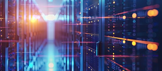 An image combining a website interface and a data center with background effects ideal for including text or graphics a copy space image