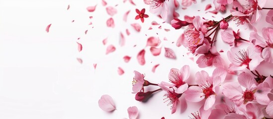 Aufkleber - Pink cherry blossom flowers on plain white backdrop where a space for text or graphics can be inserted copy space image