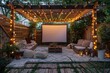 © JIALU - Wooden trellis outdoor cinema with string lights, white canvas, and cozy garden walls. Captured with Canon EOS R5 wide-angle lens.