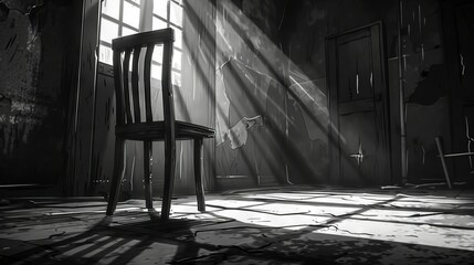 Canvas Print -  A monochrome picture of a chair in a dimly lit room with sunlight pouring in from the window and illuminating the floor