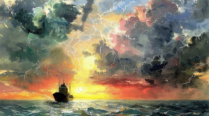 Poster -   Boat in vast water, cloudy sky