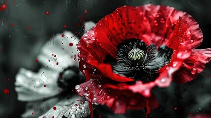 Poster -   A monochrome image of a scarlet blossom with precipitation droplets on a black canvas backdrop