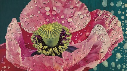 Poster -   A pink flower with raindrops on its petals and a green center surrounded by water droplets in a painting