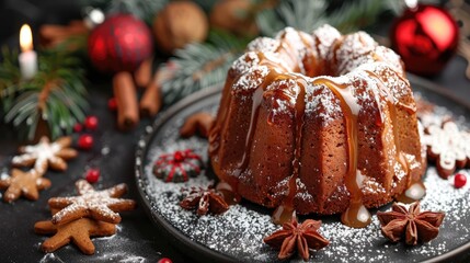 Sticker - Festive honey cake with gingerbread on black background