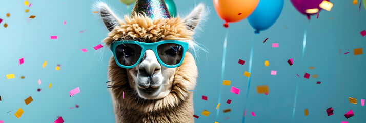 Sticker - Happy Birthday, carnival, New Year's eve, sylvester or other festive celebration, funny animals card - Alpaca with party hat and sunglasses on blue background with confetti