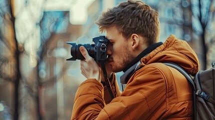 Young man photographer takes photographs with dslr camera in a city,