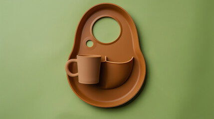 A brown silicone baby bib is positioned at the center of the composition, showcasing its soft and flexible material ideal for mealtime messes.
