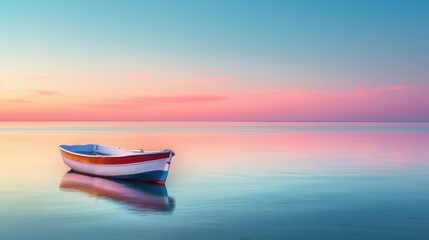 Wall Mural - Fishing boat anchored near a quiet beach at dawn, peaceful and traditional.