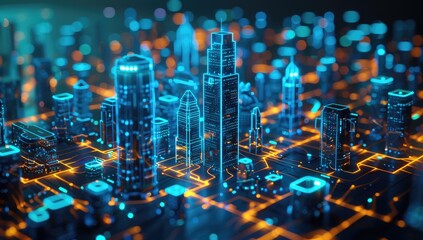 abstract hologram with smart city .smart with communication technology. futuristic digital data netw