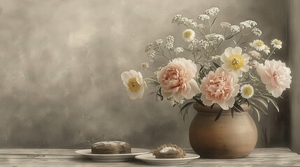 Poster -   A vase with pink and white flowers sits next to a muffin-filled plate on a table Another vase, holding white and yellow flowers, stands nearby