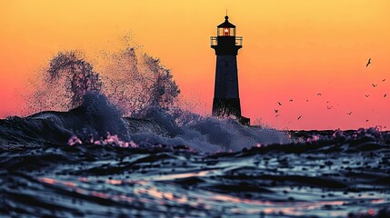 Canvas Print -   A lighthouse stands tall amidst a vast expanse of water, as waves relentlessly crash against its towering structure Birds soar overhead, their wings cutting through the az