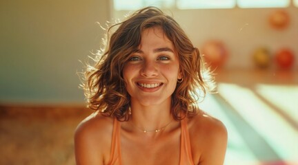 Wall Mural - A smiling woman sits in a sunlit fitness room.