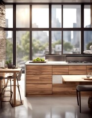 Wall Mural - daylight kitchen rendering three dimensional interior window land window 3d view wood view concrete background city architecture apartment kitchen appliances scandinavian creative city