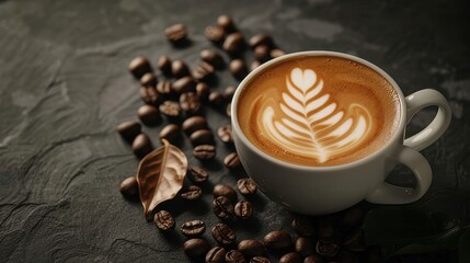 Wall Mural - Artistic coffee cup with a beautiful latte design and scattered coffee beans on a dark background