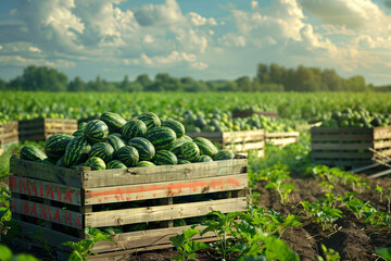 Wall Mural - wooden boxes with watermelons in field