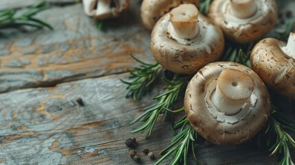 Wall Mural - Mushrooms and rosemary on a rustic wooden surface