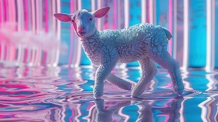 Poster -   A close-up of a toy sheep in a body of water with pink and blue reflections on the water's surface