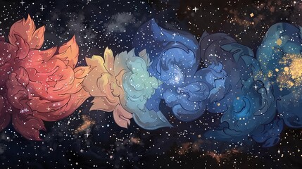 Poster -   A vibrant bouquet of flowers graces the center of a cosmic canvas, surrounded by a celestial sea of stars and an ethereal, starlit sky above