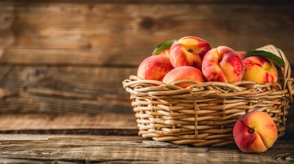 Wall Mural - Peaches in wicker basket on wooden background