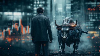 Wall Mural - A man stands in front of a bull with a bullseye on its head. The man is wearing a suit and tie. The bull is surrounded by a cityscape with buildings and lights. Concept of danger and power